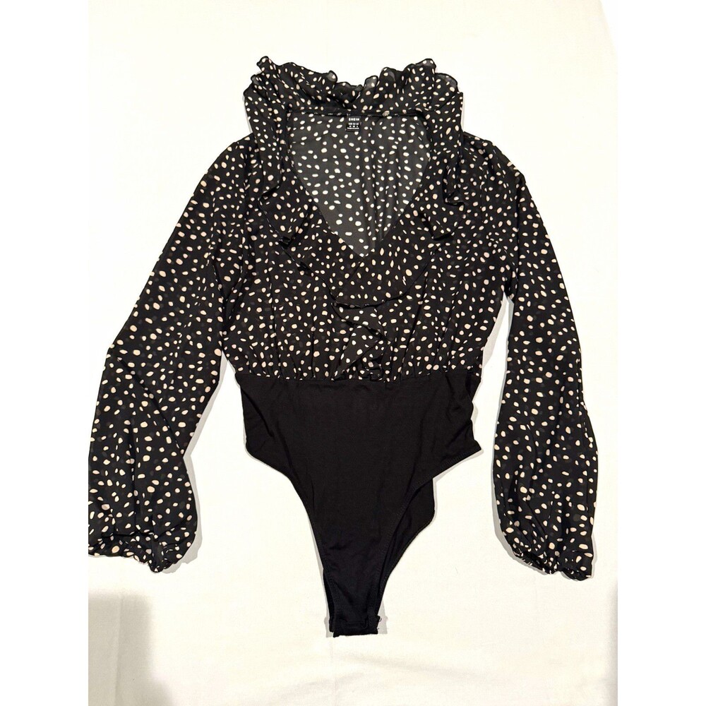 SHEIN Women’s Black/White Polka Dot Ruffle Long Sleeve Bodysuit Size M